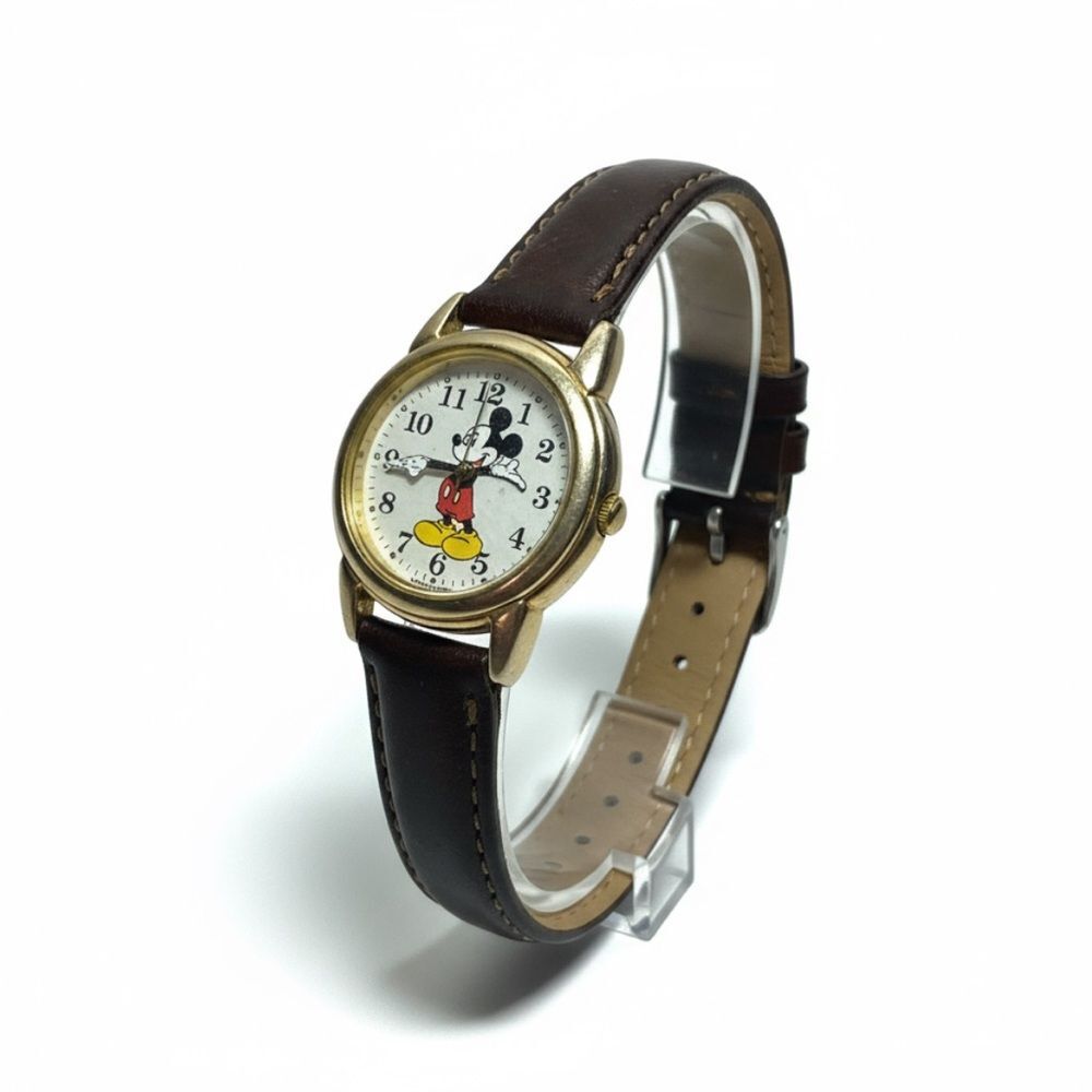 Vintage Disney Mickey Mouse Quartz Watch Gold Tone Brown Leather Untested